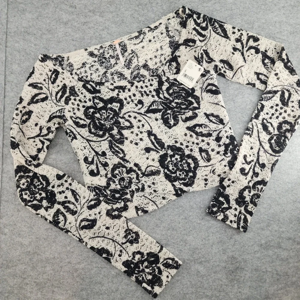 Free People‎ Small | Cream Black Floral Lace Long Sleeve Cropped Square Neck Top